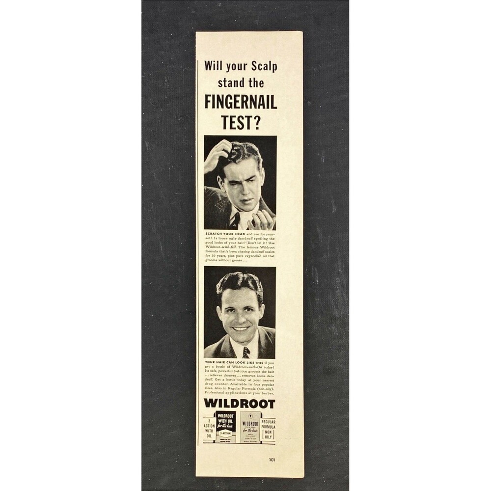 Wildroot Dandruff Formula for Hair "Fingernail Test?" Vintage Print Ad 1942
